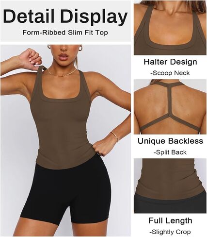 Halter Workout Tops for Women Racerback Ribbed Fitted Tank Tops Scoop Neck Split-Back Shirts for Yoga Athletic Sport in Kuwait