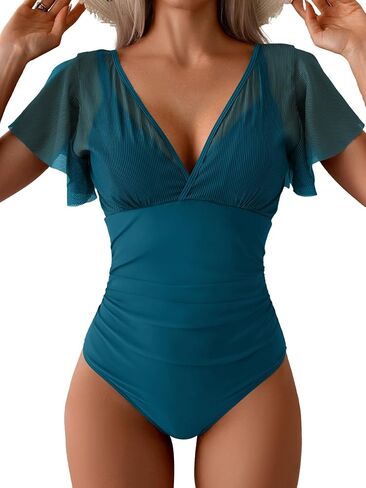 Eomenie One Piece Swimsuit for Women Mesh Ruffle Sleeves Bathing Suit Tummy Control Ruched Swimwear V Neck Swim Suit in Saudi Arabia