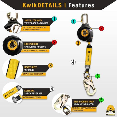KwikSafety - 6' mini Mamba Twin-Leg Self Retracting Lifeline [NO Tangle Web] Class 1 Retractable Safety Lanyard SRL ANSI OSHA in Saudi Arabia