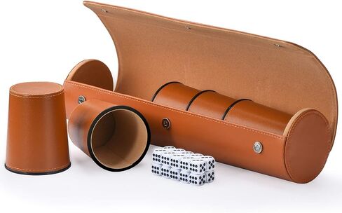 Leather Dice Cup Set, 5 Black Leather Dice Cups + 25 Dice + Exclusive Storage and Transport Case Made of Faux Leather with Magnetic Closure. in Kuwait