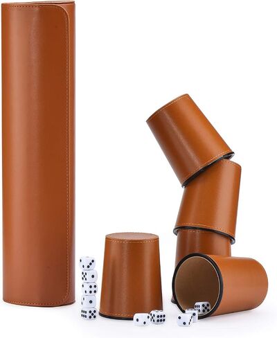 Leather Dice Cup Set, 5 Black Leather Dice Cups + 25 Dice + Exclusive Storage and Transport Case Made of Faux Leather with Magnetic Closure. in Kuwait