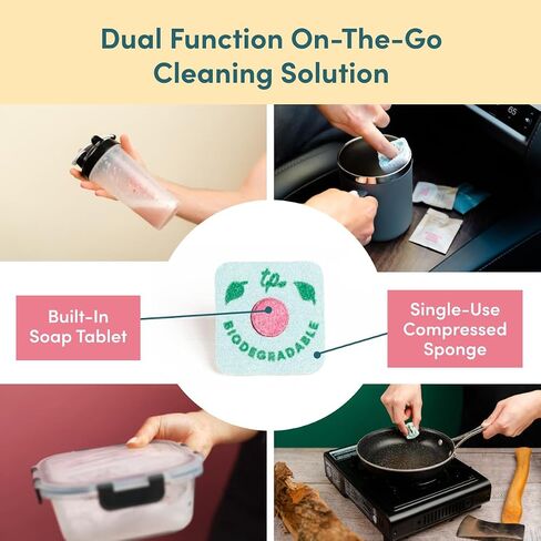 Sponge n' Go: Mini Travel Dish Soap & Sponges | Eco-Friendly, Soap-Infused, Single-Use Cellulose Compressed Sponges | Your On-The-Go Cleaning Companion for Trips, Camps, Work (Pack 20) in Saudi Arabia