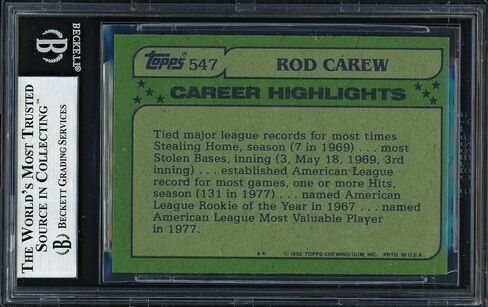 Rod Carew Autographed 1982 Topps All Star Card #547 California Angels Beckett BAS Stock #186117 - Baseball Slabbed Autographed Cards in Saudi Arabia