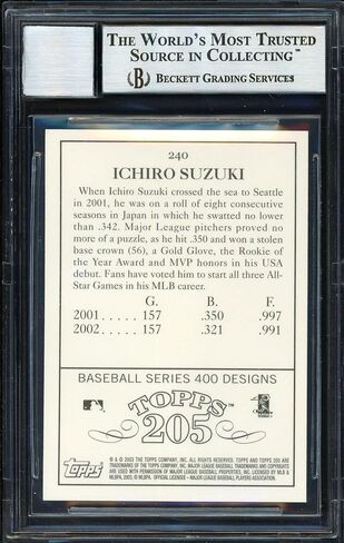 Ichiro Suzuki Motographed 2003 Topps 205 Card #240 Seattle Mariners Auto Grade 10 Beckett Bas #12669505 - Baseball Slabbed Cards in Saudi Arabia
