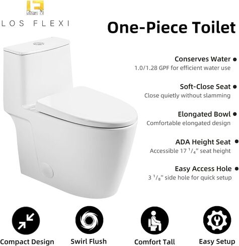 17.3" Elongated One Piece Toilet with Rimless Swirl Flush, Los Flexi Modern Toilets For Bathrooms, ADA Chair Height, Dual Flush 1.0/1.28 GPF, White 17 Inch Toilet Bowl, Soft-Close Seat & 12" Rough-In in Kuwait