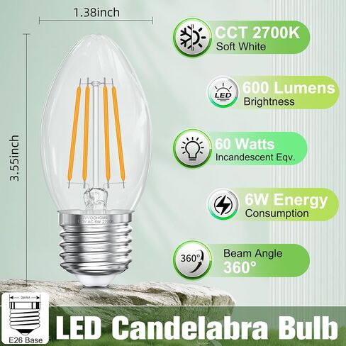E26 Base LED Candelabra Light Bulbs 2700K Soft White, 6W, 60 watt Equivalent, E26 LED Bulb, B10 Chandelier Candle Light Bulbs, Non-Dimmable, 90+CRI, 600LM, Cear Glass, 12 Pack in Kuwait