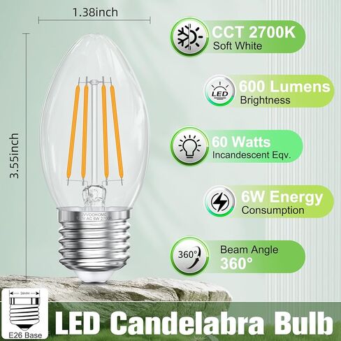E26 Base LED LED المصابيح الإضاءة Candelabra 2700K أبيض ناعم ، 6W ، 60 واط مكافئ ، E26 LED لمبات ضوء شمعة الثريا ، غير قابلة للشفاء ، 90+CRI ، 600lm ، Cear Glass ، 12 حزمة in Kuwait