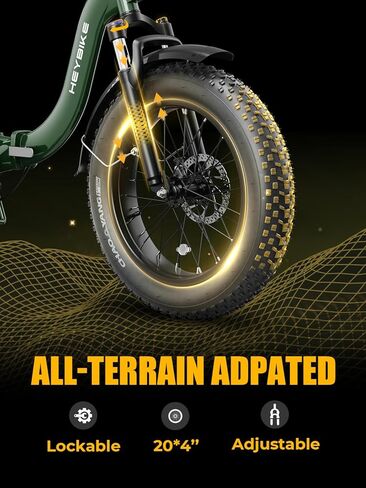 Heybike Ranger 2.0 Electric Bike for Adults, Peak 1400W Upgraded Motor Ebike, 28MPH [20" Fat Tire All-Terrain] 600Wh Removable Battery Folding Step-Thru Moped E Bike with Front Suspension in Kuwait