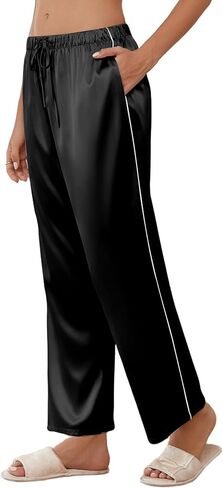 Ekouaer Womens Silk Satin Pajama Pants Soft Comfy Loose Pj Pants Drawstring Elastic Waist Wide Leg Lounge Bottom with Pockets in Saudi Arabia