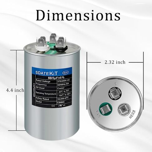 CBB65/CBB65B 50/5μF ± 5 ٪ 50+5 MFD 370/450V 440V AC Universal HVAC Run Dual Capacitor لمحرك AC/Heat Pump/Contenser (3.94 "x2.36") in Kuwait