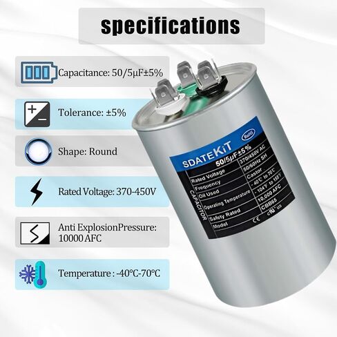 CBB65/CBB65B 50/5μF ± 5 ٪ 50+5 MFD 370/450V 440V AC Universal HVAC Run Dual Capacitor لمحرك AC/Heat Pump/Contenser (3.94 "x2.36") in Kuwait