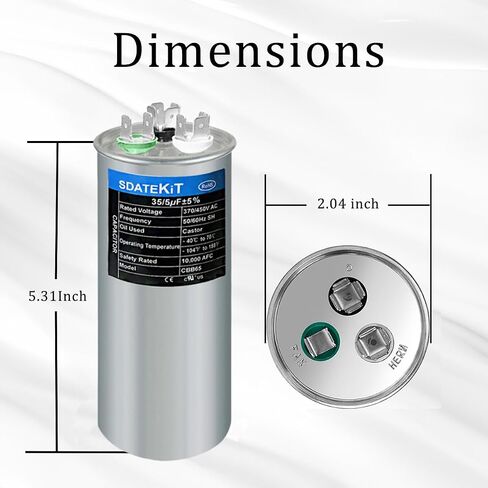 CBB65/CBB65B 50/5μF ± 5 ٪ 50+5 MFD 370/450V 440V AC Universal HVAC Run Dual Capacitor لمحرك AC/Heat Pump/Contenser (3.94 "x2.36") in Kuwait