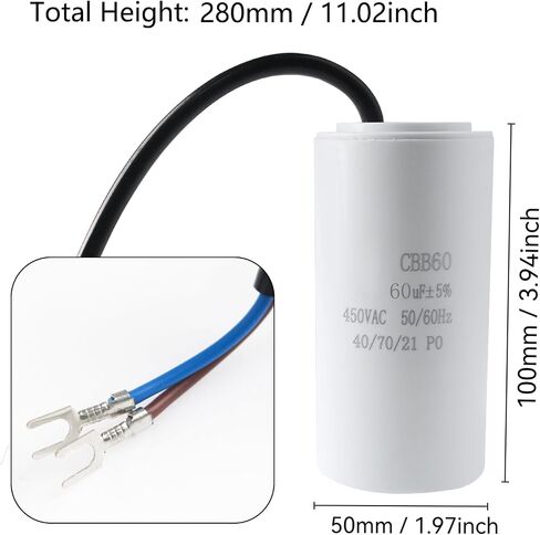 CBB60 60UF UF ± 5 ٪ بدء تشغيل المحرك مكثف MFD 450VAC 50/60Hz 40/70/21 PO أسطوانة - 1PCS in Kuwait