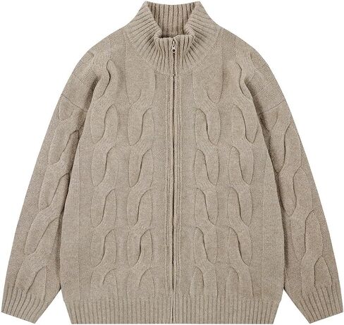 Cable Knit Zip Up Cardigan Turtleneck Sweaters Unisex Open Front Zipper Oversized Sweater in Saudi Arabia