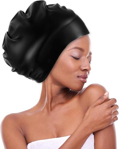 Waterproof Silicone Swimming Cap, Extra Large Swim Cap, Silicone Cover Ear Bath Pool Shower Swimming Hat for Women Men for Braids, Dreadlocks, Weaves, Hair Extensions, Curls Afros (Black) in Saudi Arabia