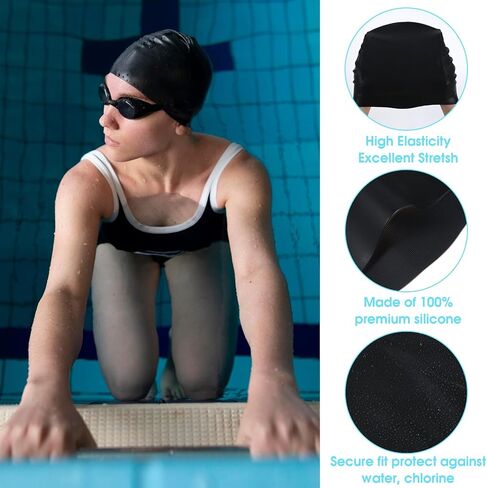 Waterproof Silicone Swimming Cap, Extra Large Swim Cap, Silicone Cover Ear Bath Pool Shower Swimming Hat for Women Men for Braids, Dreadlocks, Weaves, Hair Extensions, Curls Afros (Black) in Saudi Arabia