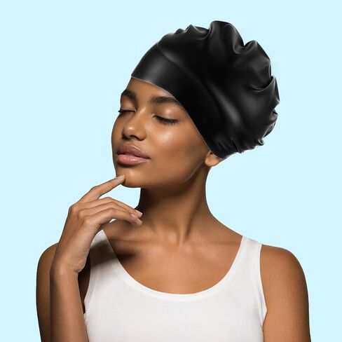 Waterproof Silicone Swimming Cap, Extra Large Swim Cap, Silicone Cover Ear Bath Pool Shower Swimming Hat for Women Men for Braids, Dreadlocks, Weaves, Hair Extensions, Curls Afros (Black) in Saudi Arabia