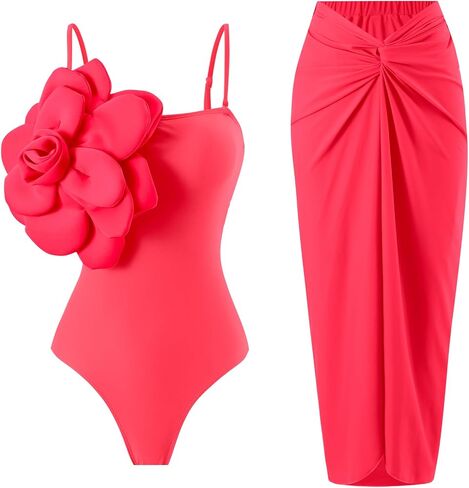 One Shoulder Swimsuits for Women 3D Flower Decoration One Piece Swimsuit with Cover up Set in Kuwait