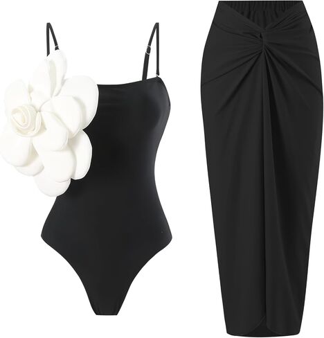 One Shoulder Swimsuits for Women 3D Flower Decoration One Piece Swimsuit with Cover up Set in Kuwait