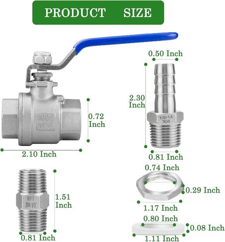 1/2 "NPT Homebrew Ball Valve Kit-الفولاذ المقاوم للصدأ 304 الحاجز بدون لحام لغلاية تخمير المنزل ، أو تون هريس ، أو حزامات خزان المياه (صمام واحد) in Kuwait