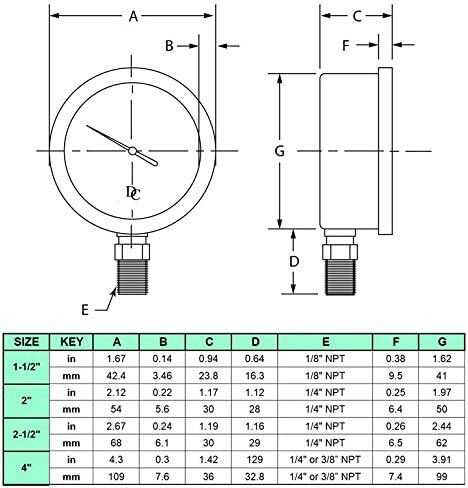 4 "مقياس ضغط الفراغ المملوء بالزيت - حالة من الفولاذ المقاوم للصدأ ، النحاس ، 1/4" NPT ، اتصال الجبل السفلي ، 30HG/30PSI in Kuwait