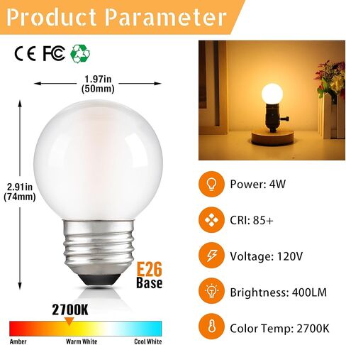 Dimmable E26 G16.5 مصباح LED LED 40W على قدم المساواة 4W مصابيح LIGHT LIGHT FROSTER ، المصابيح الصغيرة المستديرة من نوع G لمبة ضوء للثريا ، قلادة ، الغرور ، أبيض دافئ 2700 كيلو متر ، حزمة 6 in Kuwait