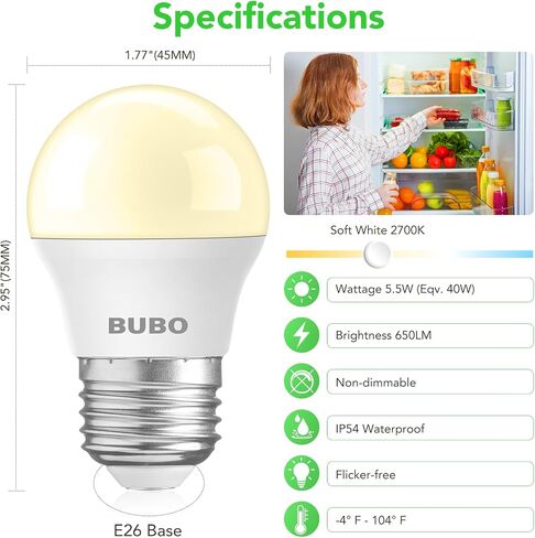 BUBO LED Refrigerator Light Bulb 40 Watt Equivalent, Fridge Light Bulb 120V, Appliance Bulb Daylight 5000K, A15 E26 Medium Base Bulb, 5.5W, Non-Dimmable, 4 Pack in Kuwait