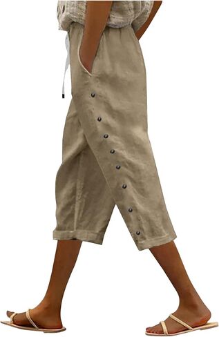 Women's Cotton Linen Shorts Casual Loose Knee Length Beach Capris Summer Drawstring Bermuda Shorts with Pockets in Saudi Arabia