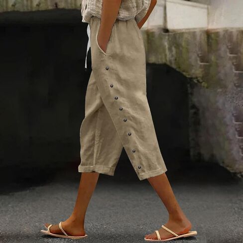 Women's Cotton Linen Shorts Casual Loose Knee Length Beach Capris Summer Drawstring Bermuda Shorts with Pockets in Saudi Arabia
