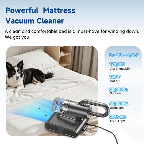 Dual Brush-Roll Mattress Vacuum Cleaner with 25KPa High Suction, UV-C Light, 140°F Heating & Triple HEPA Filter [Allergens & Pet Hair Removal] Handheld Bed Vacuum for Couch, Quilt, Mattress, Crib in Saudi Arabia