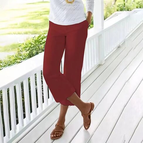 Generic Comfy Capri Pants for Women Casual Lightweight Summer Beach Trousers Elastic Waist Travel Cropped Pants with Pockets in Saudi Arabia