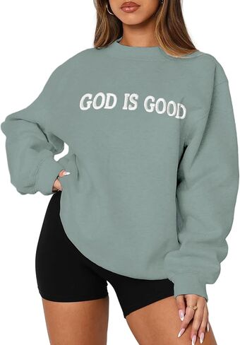 MAPICK Womens Oversized Christian Sweatshirts Fleece Crewneck Sweaters Embroidered GOD IS GOOD Casual Pullover Tops in Saudi Arabia