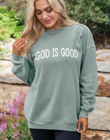 MAPICK Womens Oversized Christian Sweatshirts Fleece Crewneck Sweaters Embroidered GOD IS GOOD Casual Pullover Tops in Saudi Arabia