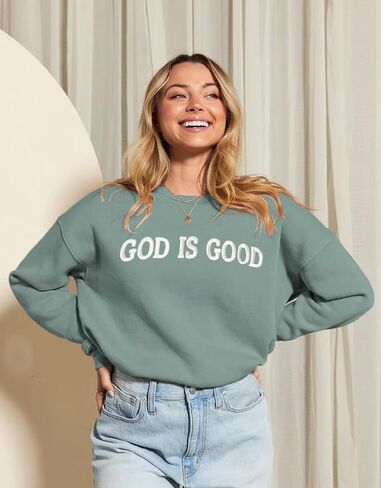 MAPICK Womens Oversized Christian Sweatshirts Fleece Crewneck Sweaters Embroidered GOD IS GOOD Casual Pullover Tops in Saudi Arabia