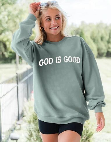 MAPICK Womens Oversized Christian Sweatshirts Fleece Crewneck Sweaters Embroidered GOD IS GOOD Casual Pullover Tops in Saudi Arabia
