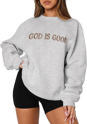 MAPICK Womens Oversized Christian Sweatshirts Fleece Crewneck Sweaters Embroidered GOD IS GOOD Casual Pullover Tops in Saudi Arabia