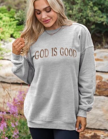 MAPICK Womens Oversized Christian Sweatshirts Fleece Crewneck Sweaters Embroidered GOD IS GOOD Casual Pullover Tops in Saudi Arabia