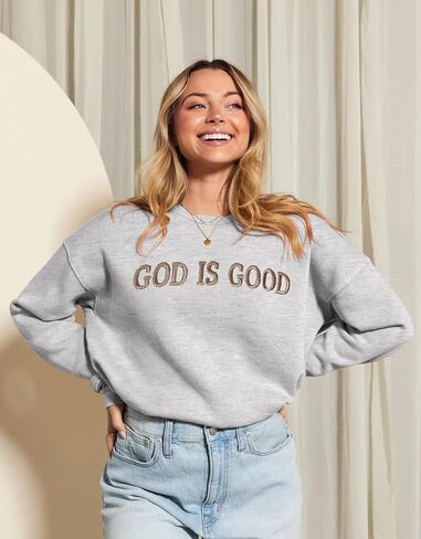 MAPICK Womens Oversized Christian Sweatshirts Fleece Crewneck Sweaters Embroidered GOD IS GOOD Casual Pullover Tops in Saudi Arabia