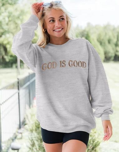 MAPICK Womens Oversized Christian Sweatshirts Fleece Crewneck Sweaters Embroidered GOD IS GOOD Casual Pullover Tops in Saudi Arabia