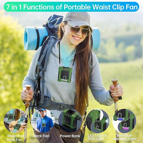 Latest 2025 Model Waist Fan - Portable Belt Clip Fan with 6 Speeds, 10000mAh, 35H Runtime, LED SOS & Red-blue Lights, 18500RPM Airflow, 59ft/s Strong Wind Cooling for Garden, Jobsite, and Hot Summer in Saudi Arabia