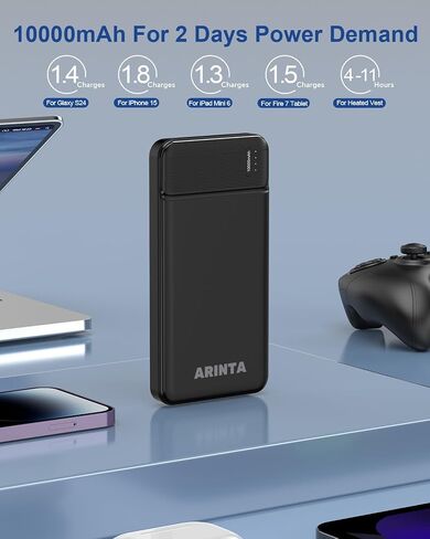 Power Bank Portable Charger 10000mah Pd 22.5w ، حزمة بطارية فائقة النحافة مع إدخال/إخراج USB-C ، متوافق مع iPhone 16 15 14 13 12 ، Galaxy S24 23 22 21 ، إلخ. (الأسود) in Kuwait