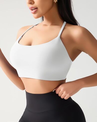 Ama Larsi Sports Bras for Women Spaghetti Thin Strap Low Impact U Back Workout Yoga Bras with Removable Pads in Kuwait
