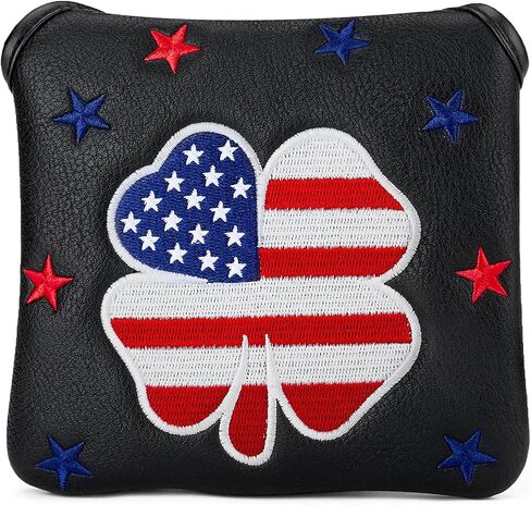 Golf Club Square Shamrock Clover USA Patriotic Flag Mallet Putter Cover Magnetic Heel Shafted PU Leather Headcover in Saudi Arabia