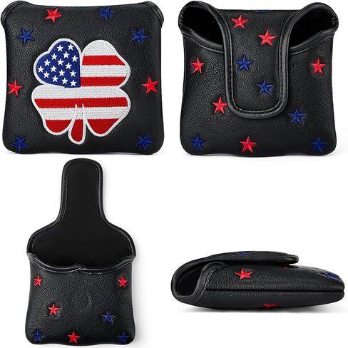 Golf Club Square Shamrock Clover USA Patriotic Flag Mallet Putter Cover Magnetic Heel Shafted PU Leather Headcover in Saudi Arabia