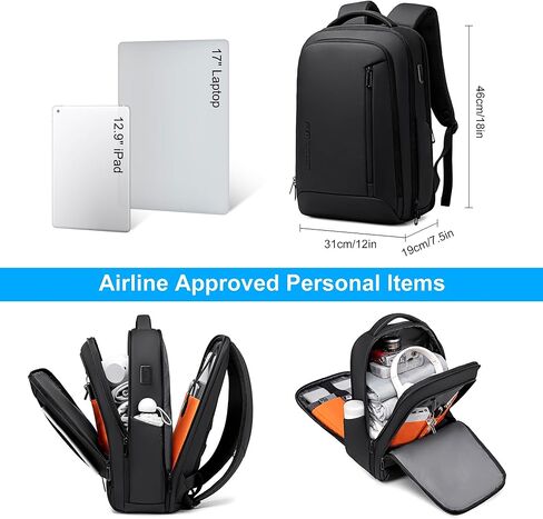 حقيبة ظهر للسفر تجارية للرجال ، حقيبة ظهر محمول مقاومة للمياه مقاومة للمياه 17 بوصة مع منفذ USB ، حقيبة ظهر للكمبيوتر أسود للكلية/العمل in Kuwait