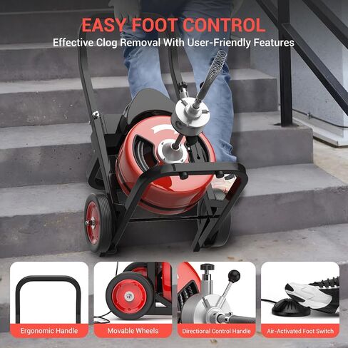 Garvee 100ft × 3/4 بوصة آلة تنظيف الصرف ، تغذية تلقائية للمجاري مع 5 قاطع ومفتاح قدم تنشيط الهواء لمدة 4 "إلى 8" أنابيب in Kuwait