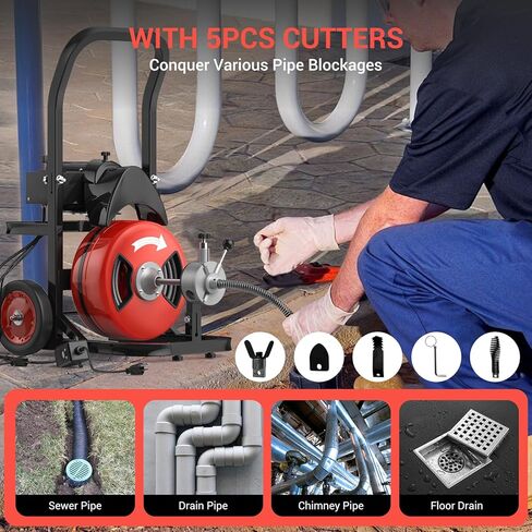 Garvee 100ft × 3/4 بوصة آلة تنظيف الصرف ، تغذية تلقائية للمجاري مع 5 قاطع ومفتاح قدم تنشيط الهواء لمدة 4 "إلى 8" أنابيب in Kuwait