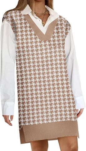 Zeagoo Women's V Neck Sweater Vest Dress Oversized Sleeveless Casual Pullover Sweater Fall Winter Knit Slit Short Dress in Saudi Arabia