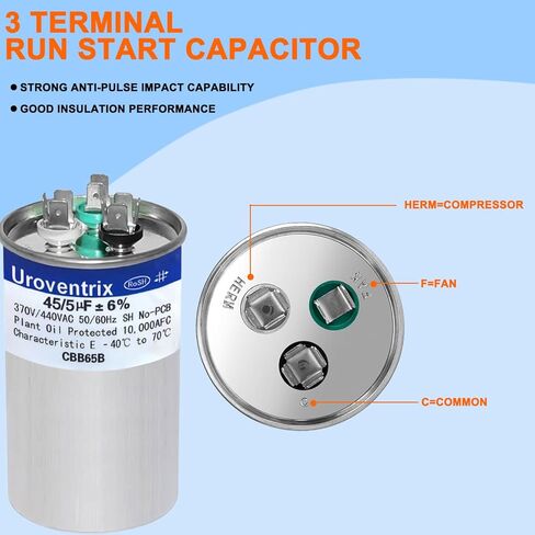 45+5 uf ± 5 ٪ 370V/440VAC CBB65 تشغيل مكثف بدء التشغيل لمحرك مروحة وحدة AC ، أو مضخة الحرارة أو المكثف بشكل مستقيم بارد in Kuwait