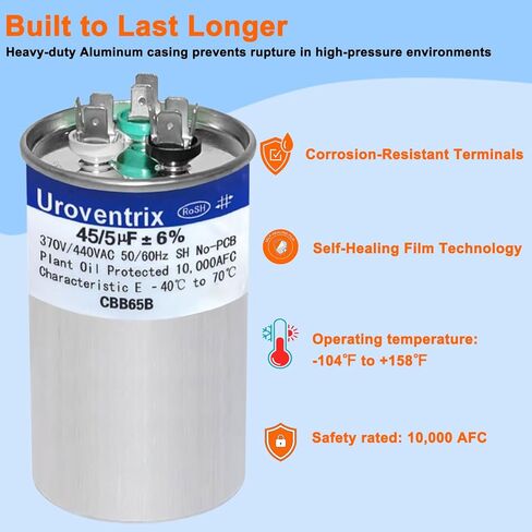 45+5 uf ± 5 ٪ 370V/440VAC CBB65 تشغيل مكثف بدء التشغيل لمحرك مروحة وحدة AC ، أو مضخة الحرارة أو المكثف بشكل مستقيم بارد in Kuwait